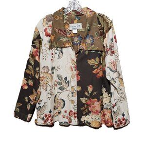 Cactus Flower L Jacket Blazer Brown Cream Floral Colorblock Patchwork Women's